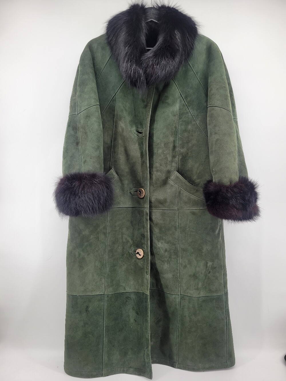 SKIN SELECCION Shearling Dark Green Suede Long Coat with Fur Trim Size Small